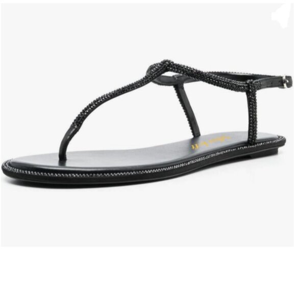 miss left Black Rhinestone T-Strap Open Clip Toe Flip Flops Glitter Thong Sandal - Picture 1 of 8